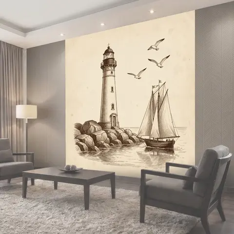 Фотообои Маяк, парусник и чайки