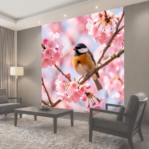 Фотообои Птица среди цветущей сакуры