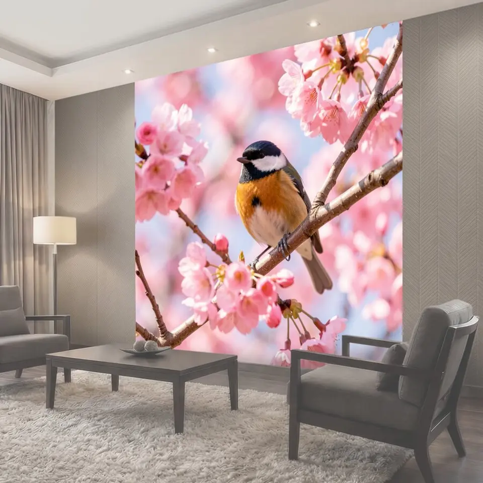 Фотообои Птица среди цветущей сакуры