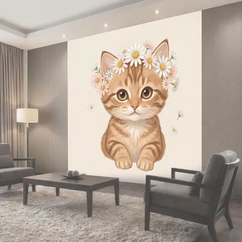 Фотообои Котенок в венке из ромашек