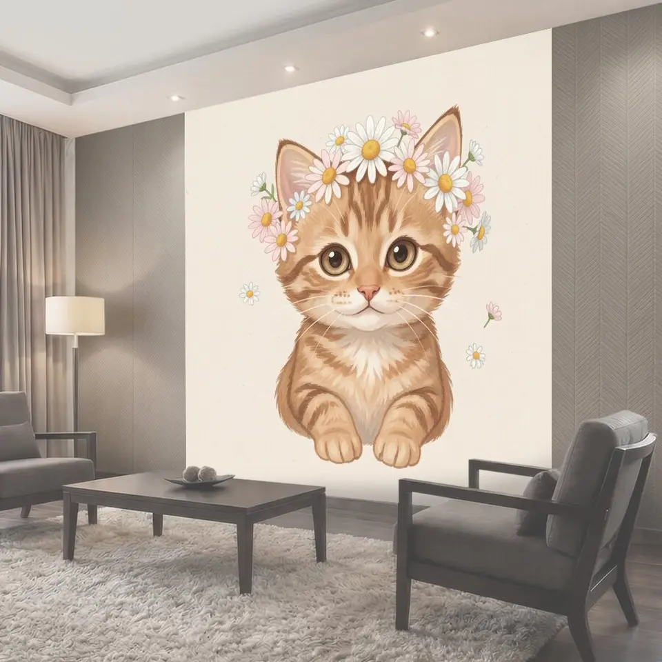 Фотообои Котенок в венке из ромашек