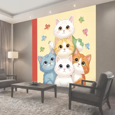 Фотообои Пять милых котят и птички