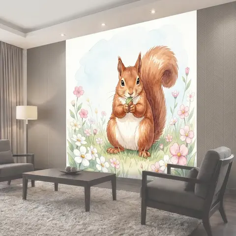 Фотообои Белка с орешком среди цветов