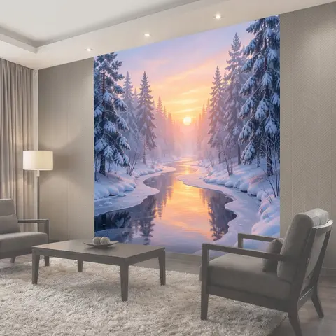 Фотообои Зимний лесной ручей на рассвете