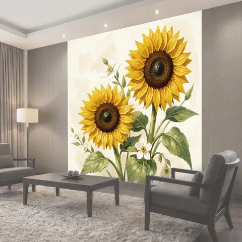 Фотообои Подсолнухи и белые цветы