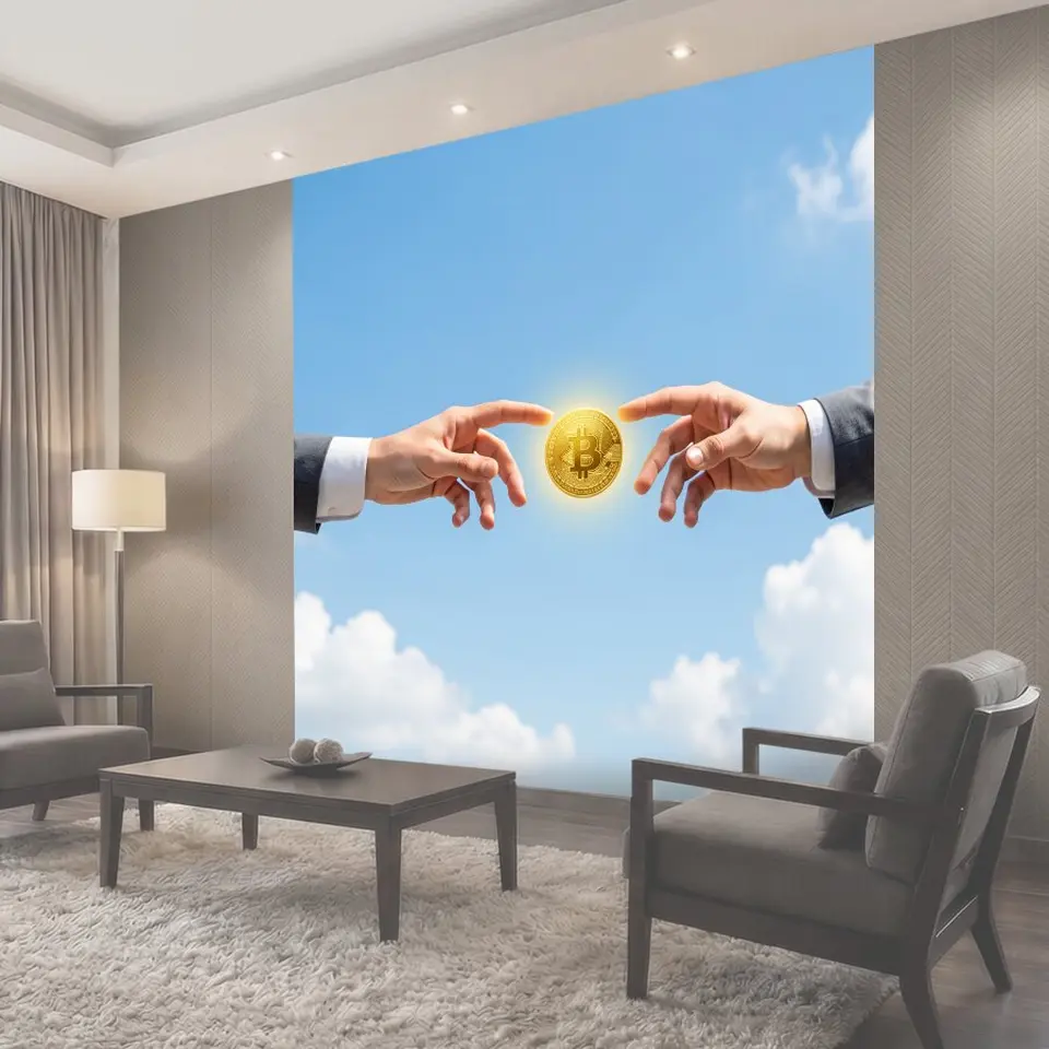 Фотообои Руки с биткоином в небе