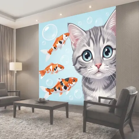 Фотообои Серый котенок и карпы кои