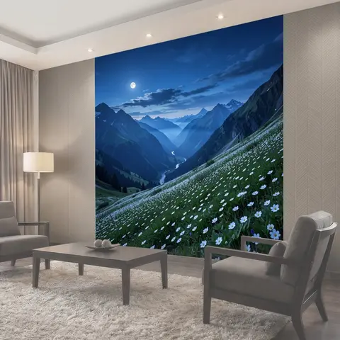 Фотообои Цветущие луга в лунном горном пейзаже