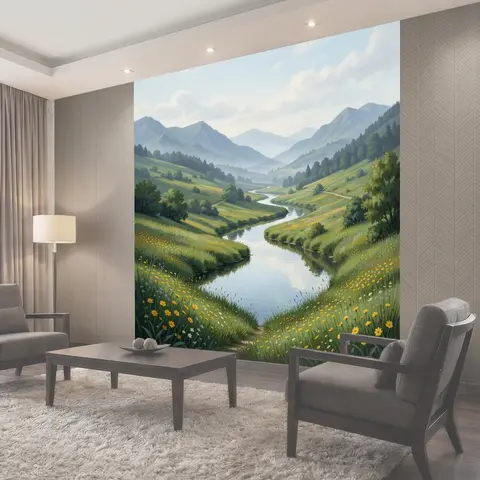 Фотообои Горная долина с рекой и цветами