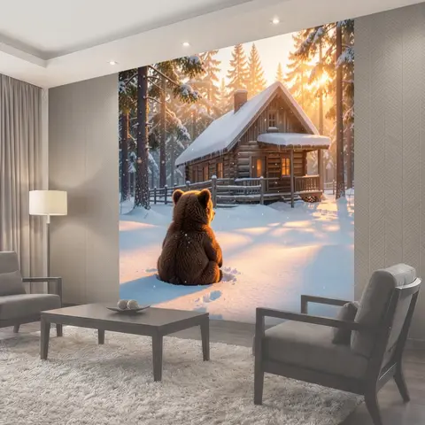 Фотообои Медвежонок у зимней избы
