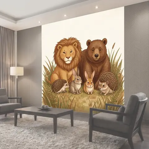 Фотообои Лев и медведь с зайчатами