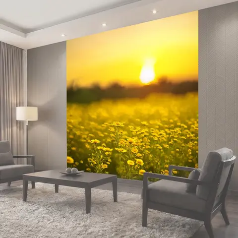 Фотообои Утренняя заря на желтом поле с цветами, где первый свет дня окрашивает небо в теплые желтые оттенки