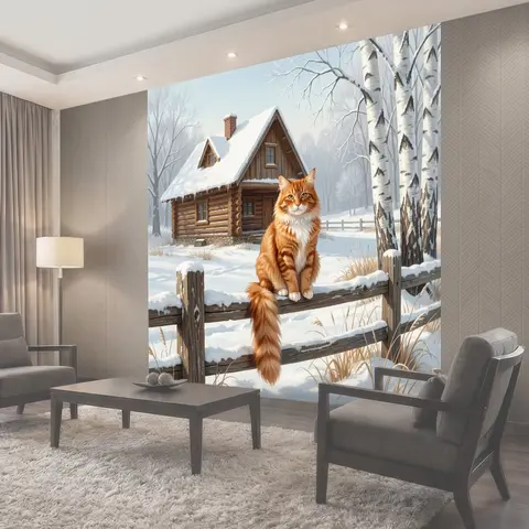 Фотообои Рыжий кот у зимней избы