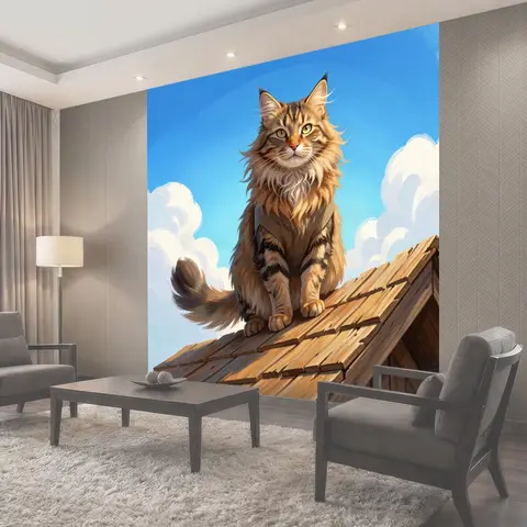 Фотообои Пушистый полосатый кот на крыше