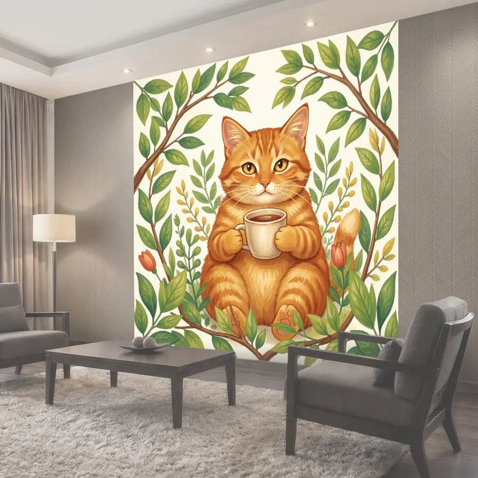 Фотообои Рыжий кот с чашкой кофе