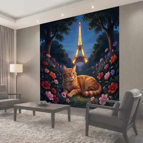 Фотообои Ночной Париж с кошкой