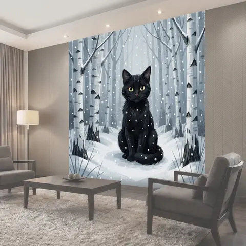 Фотообои Чёрный кот в зимнем лесу