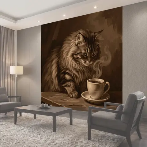 Фотообои Пушистый кот и чашка кофе