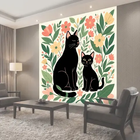 Фотообои Два черных кота среди цветов