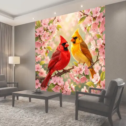 Фотообои Яркие птицы среди цветущих ветвей