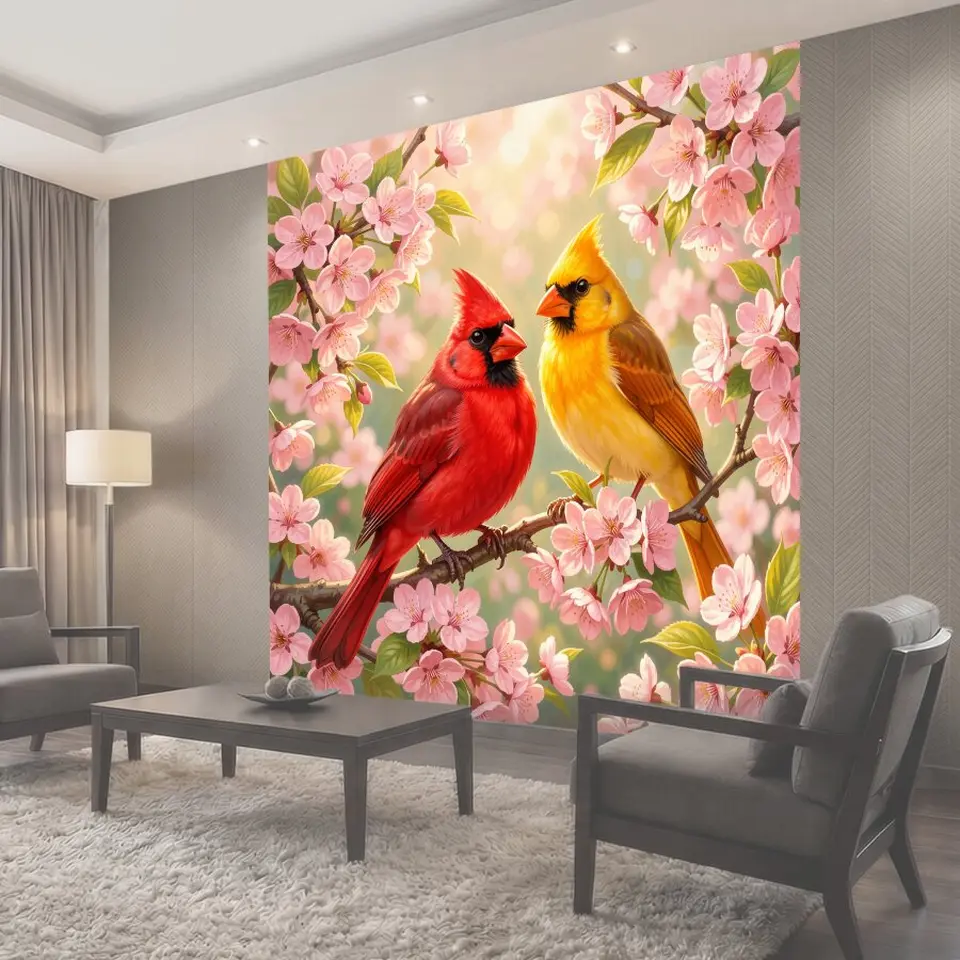 Фотообои Яркие птицы среди цветущих ветвей