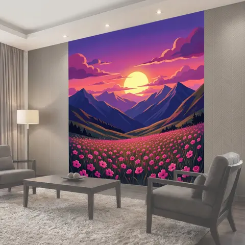 Фотообои Горный пейзаж с цветочным полем