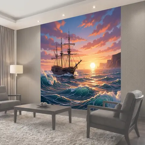 Фотообои Парусный корабль в море на закате