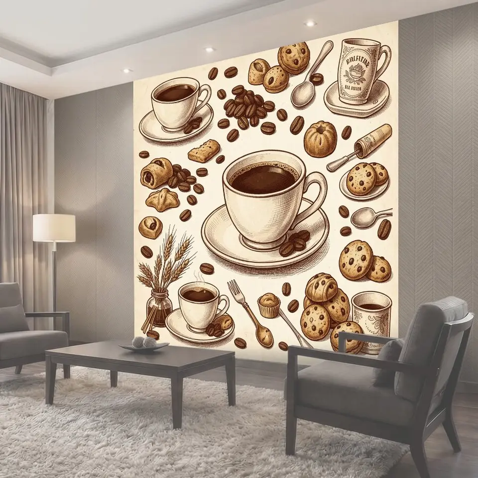 Фотообои Кофейные чашки, зерна и выпечка