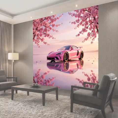Фотообои Розовый спорткар среди сакуры