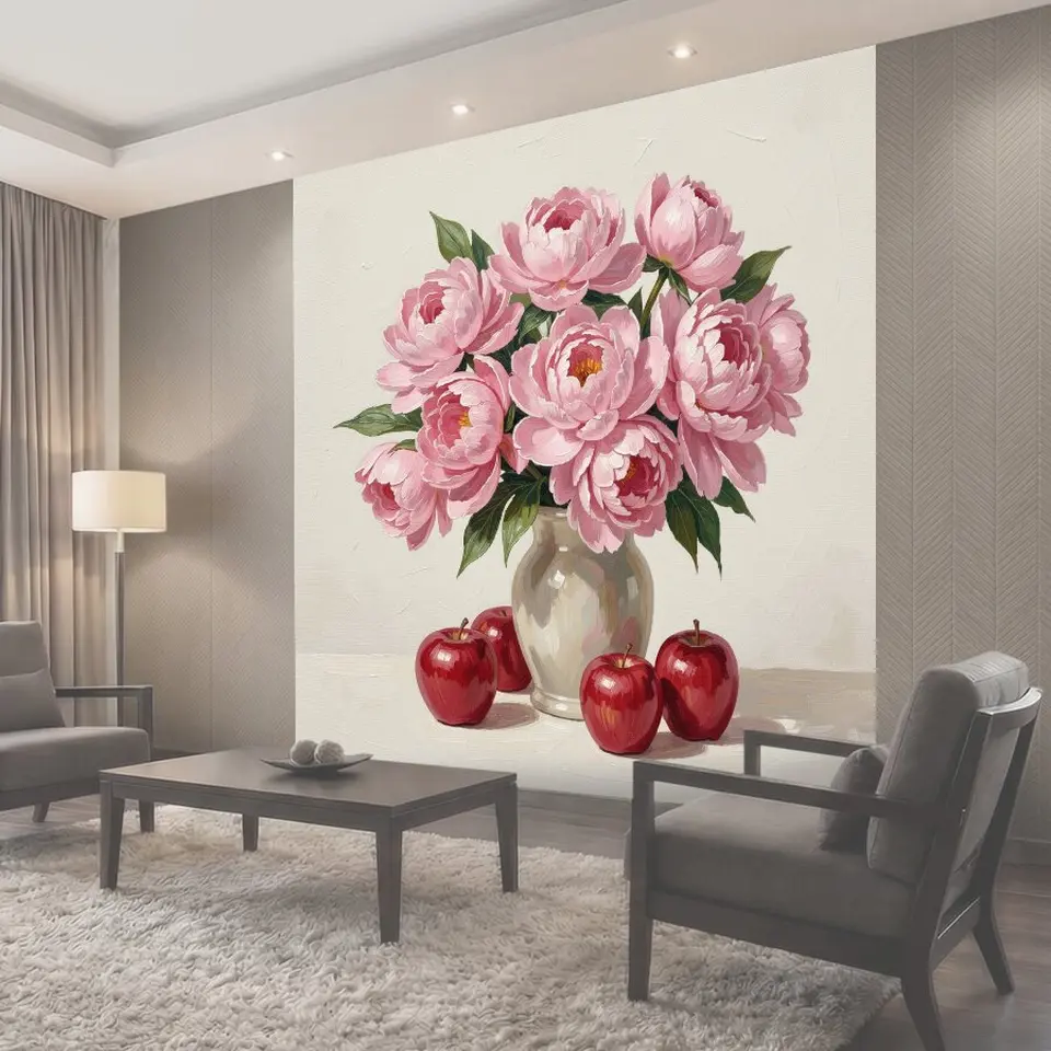 Фотообои Пионы в вазе и красные яблоки