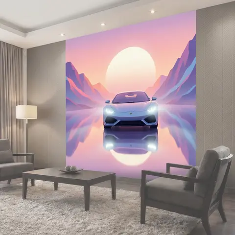 Фотообои Спортивный автомобиль в неоновом пейзаже