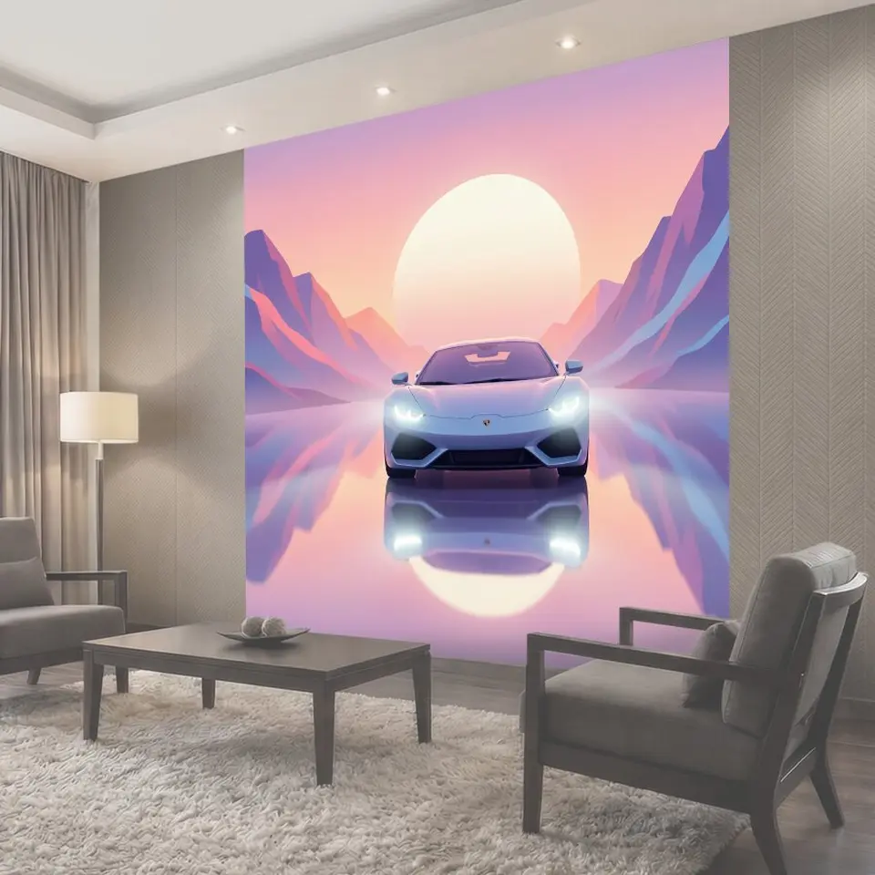 Фотообои Спортивный автомобиль в неоновом пейзаже
