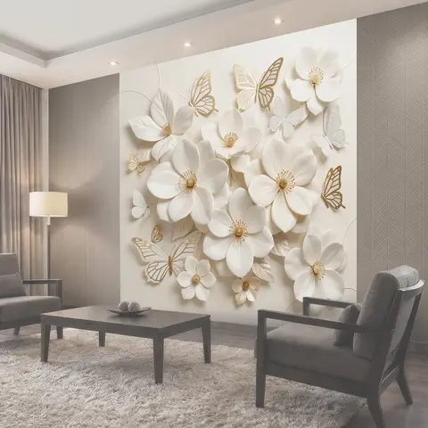 Фотообои Белые цветы и бабочки