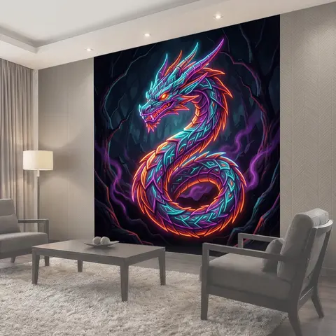 Фотообои Неоновый дракон в пещере