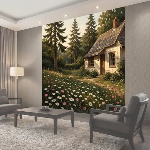 Фотообои Домик в лесу с цветами