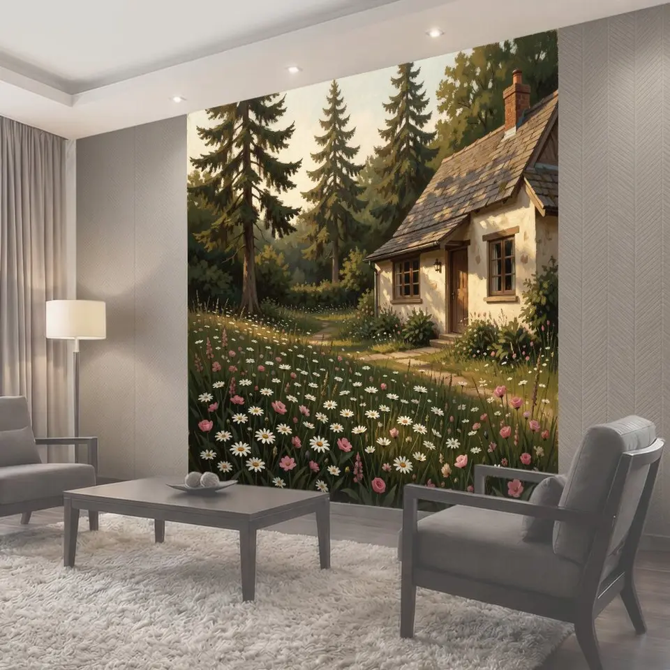 Фотообои Домик в лесу с цветами