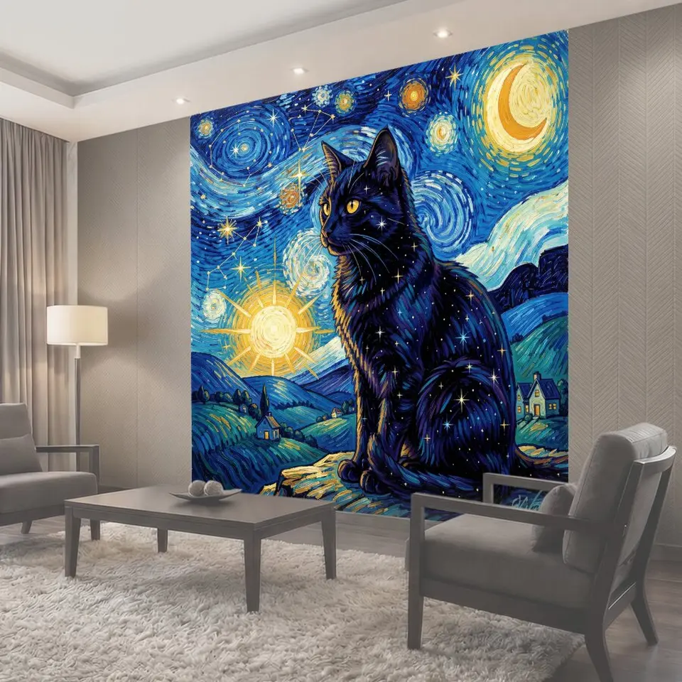 Фотообои Черный кот под звездным небом