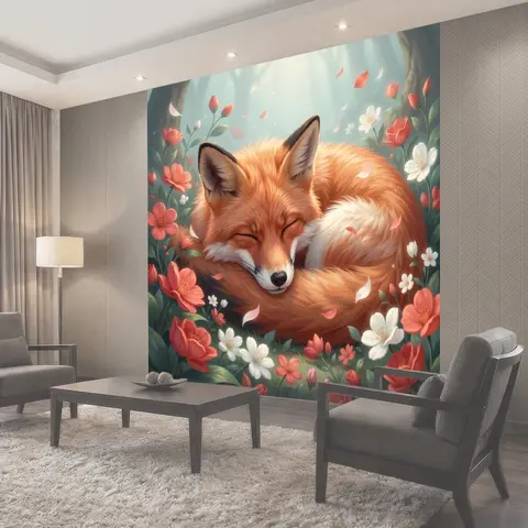 Фотообои Спящая лиса среди цветов