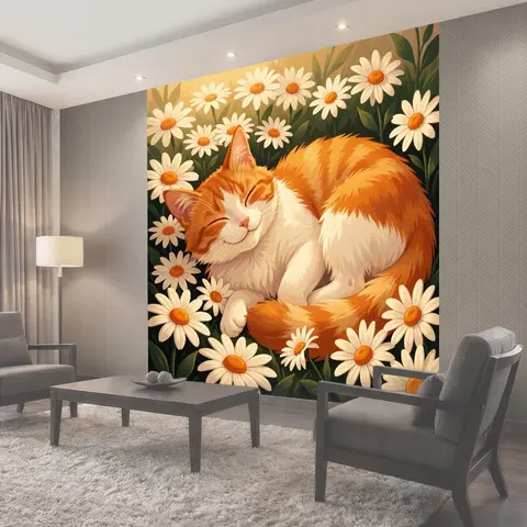 Фотообои Рыжий кот среди ромашек