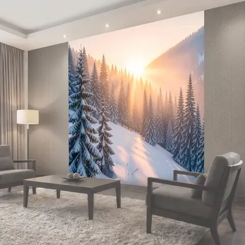 Фотообои Заснеженный еловый склон на рассвете