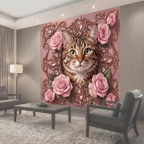 Фотообои Кот среди роз и драгоценных камней