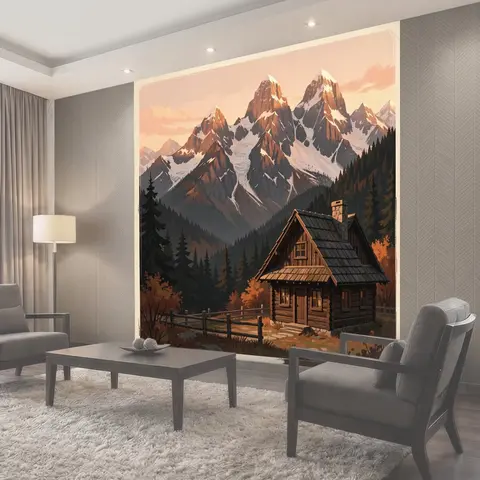 Фотообои Горный домик у леса. Уютное деревянное шале среди хвойного леса на фоне величественных заснеженных вершин…
