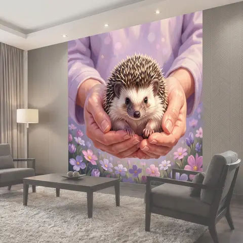 Фотообои Ежик в ладонях среди цветов