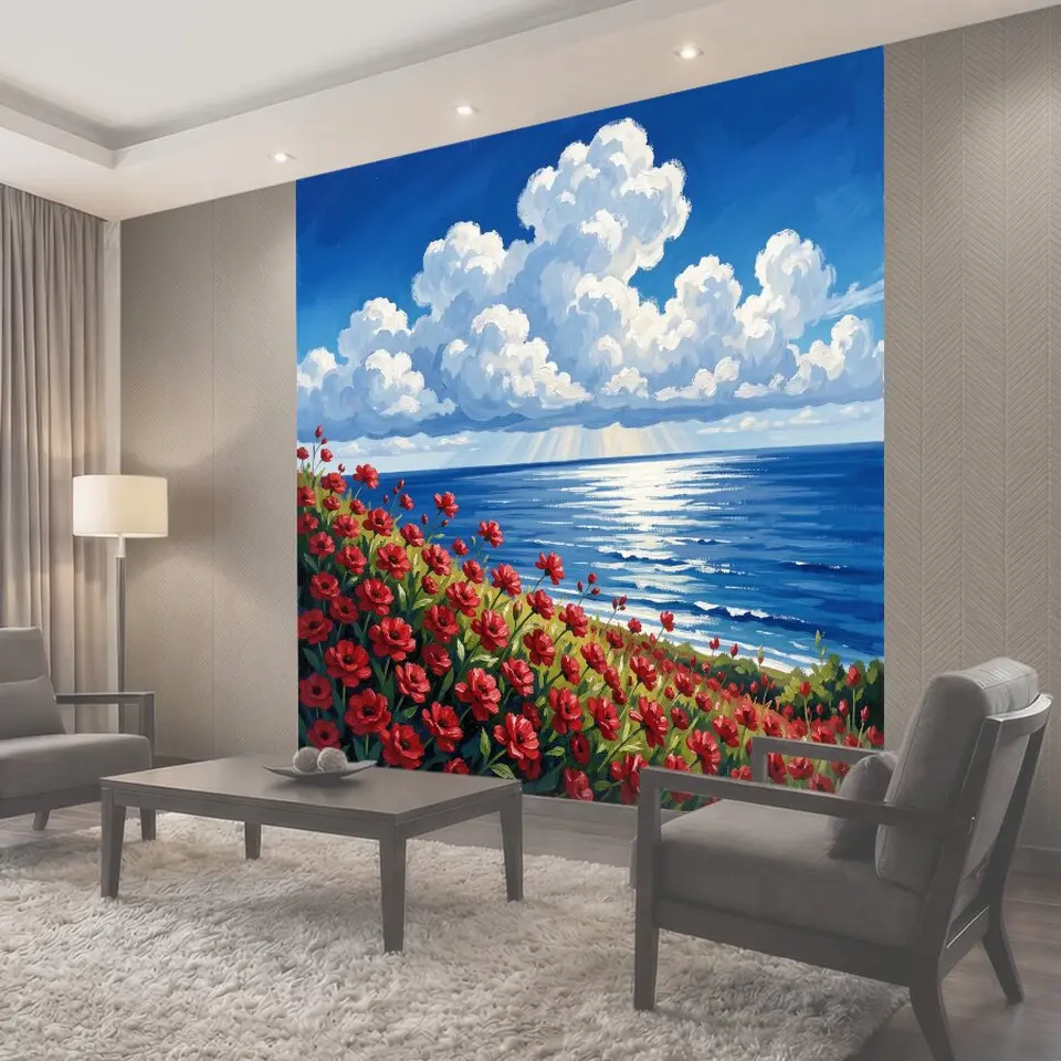 Фотообои Морской пейзаж с красными цветами