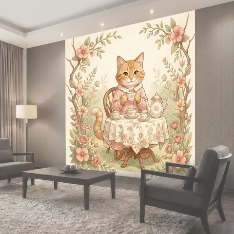 Фотообои Котенок за чайной церемонией
