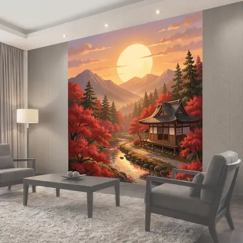 Фотообои Японский дом у реки на закате