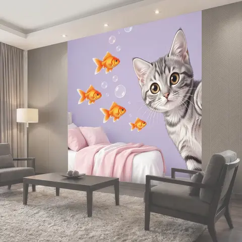 Фотообои Рыжие рыбки и любопытный котенок