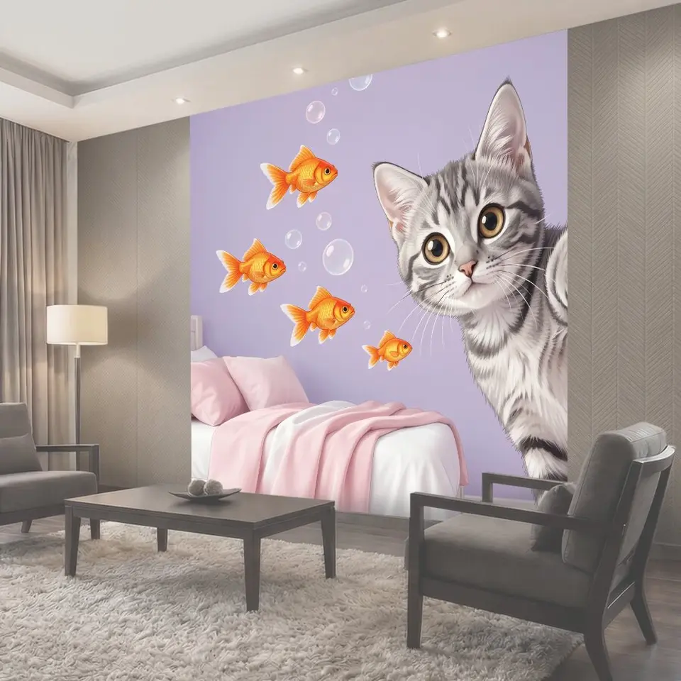 Фотообои Рыжие рыбки и любопытный котенок