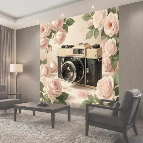 Фотообои Винтажный фотоаппарат с розами