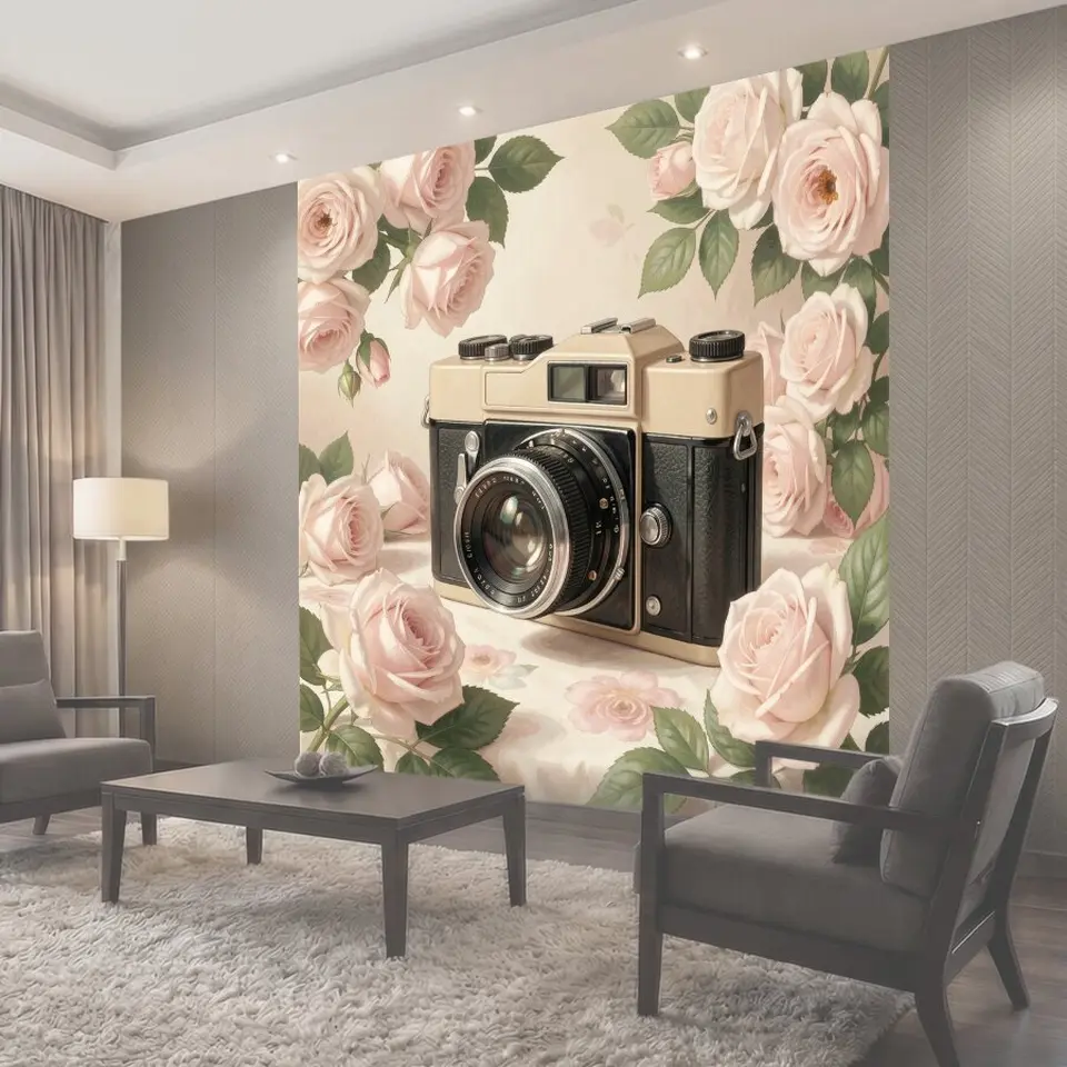 Фотообои Винтажный фотоаппарат с розами